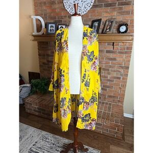 Jorja Floral Duster Kimono Women Yellow Open Front Long Sleeve Large
